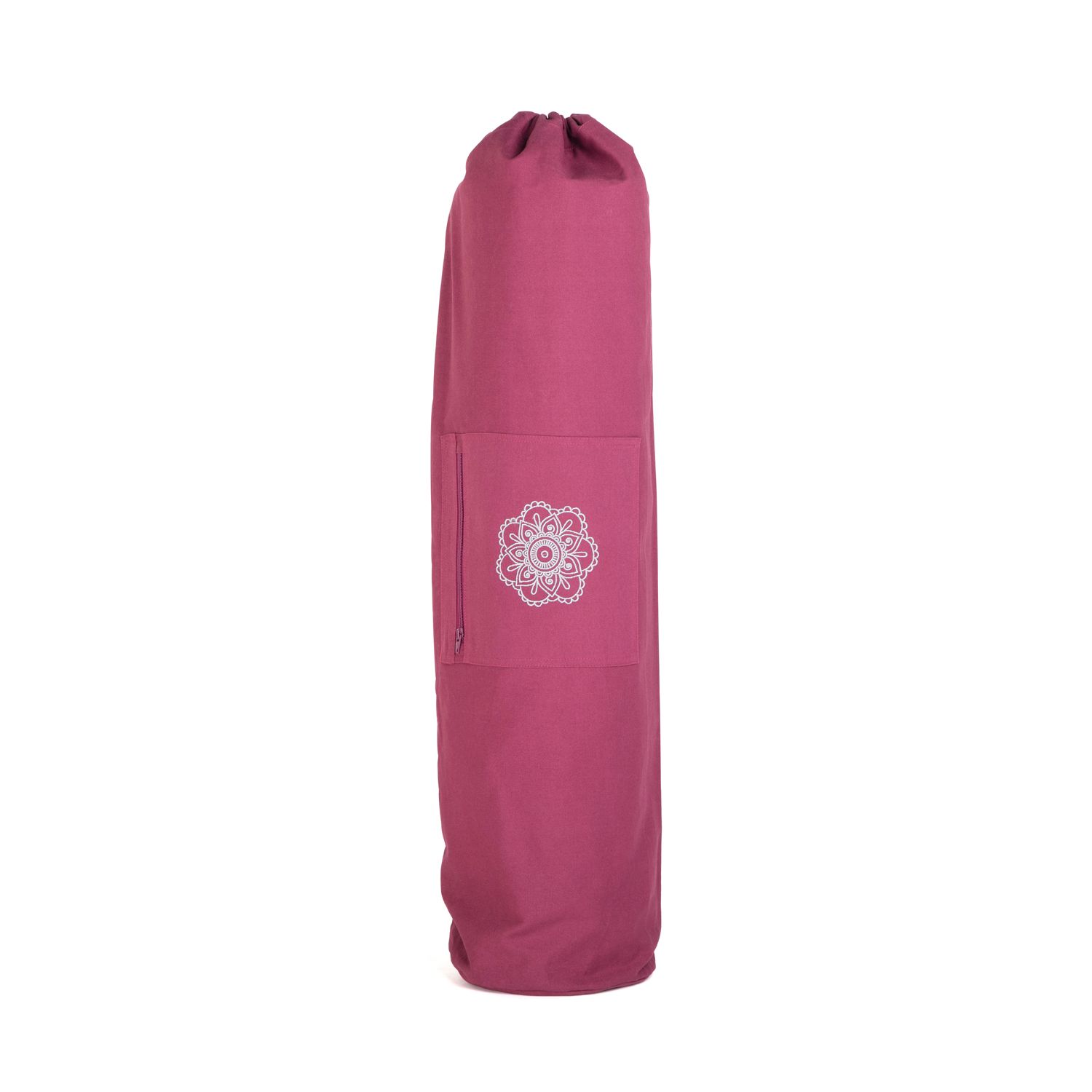 Bordeaux yogatas met wit mandala patroon. Staat rechtop.