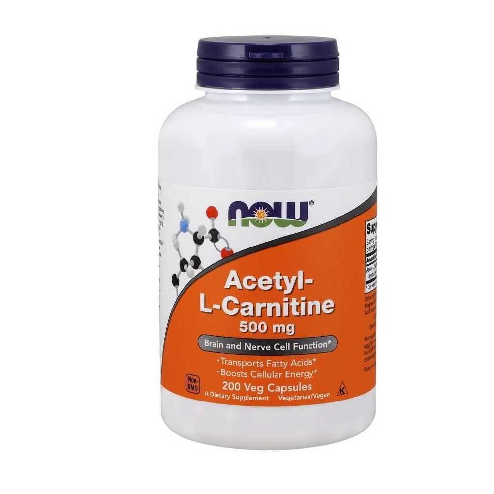NOW FOODS Acetyl-L-Carnitin 500 mg, 200 Veg-Kapseln. Weiße Flasche mit blauem Deckel.