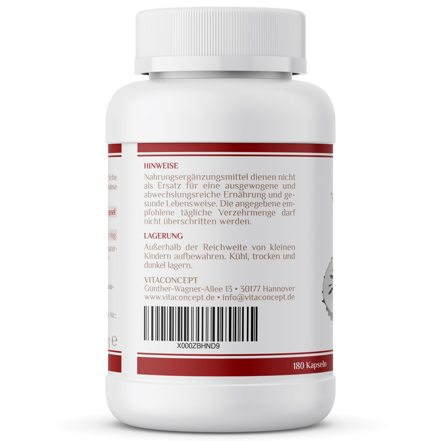 Rückseite einer weißen Flasche. Rotes Etikett mit Text. Barcode und Aufschrift: 180 Kapseln. VITACONCEPT.