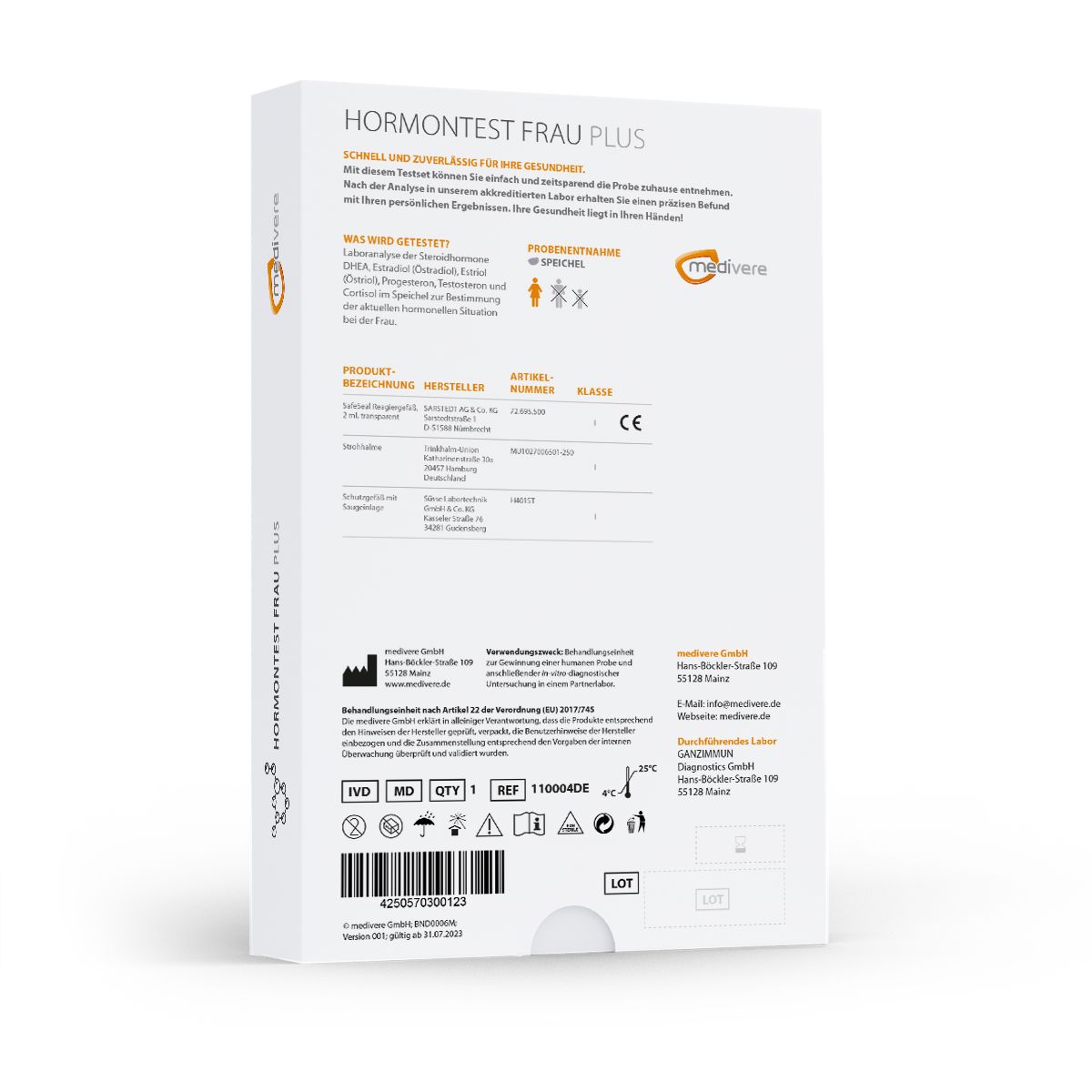 Rückseite der Verpackung für Hormontest Frau Plus. Enthält Informationen und Logos.