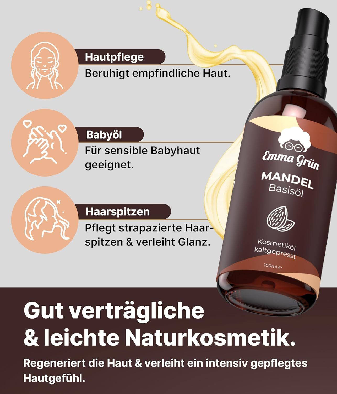 Flasche mit Produktnamen. Illustrationen: Hautpflege, Babyöl, Haarspitzen. Text: Gut verträgliche Naturkosmetik.