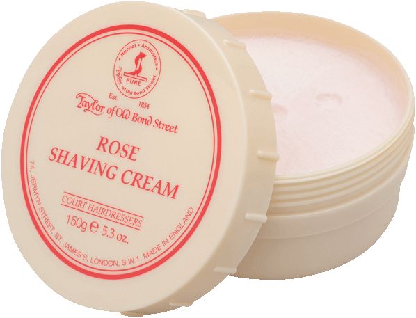 Beige Tiegel mit Deckel. Aufschrift: Rose Shaving Cream, Taylor of Old Bond Street. Roter Ring mit Text.