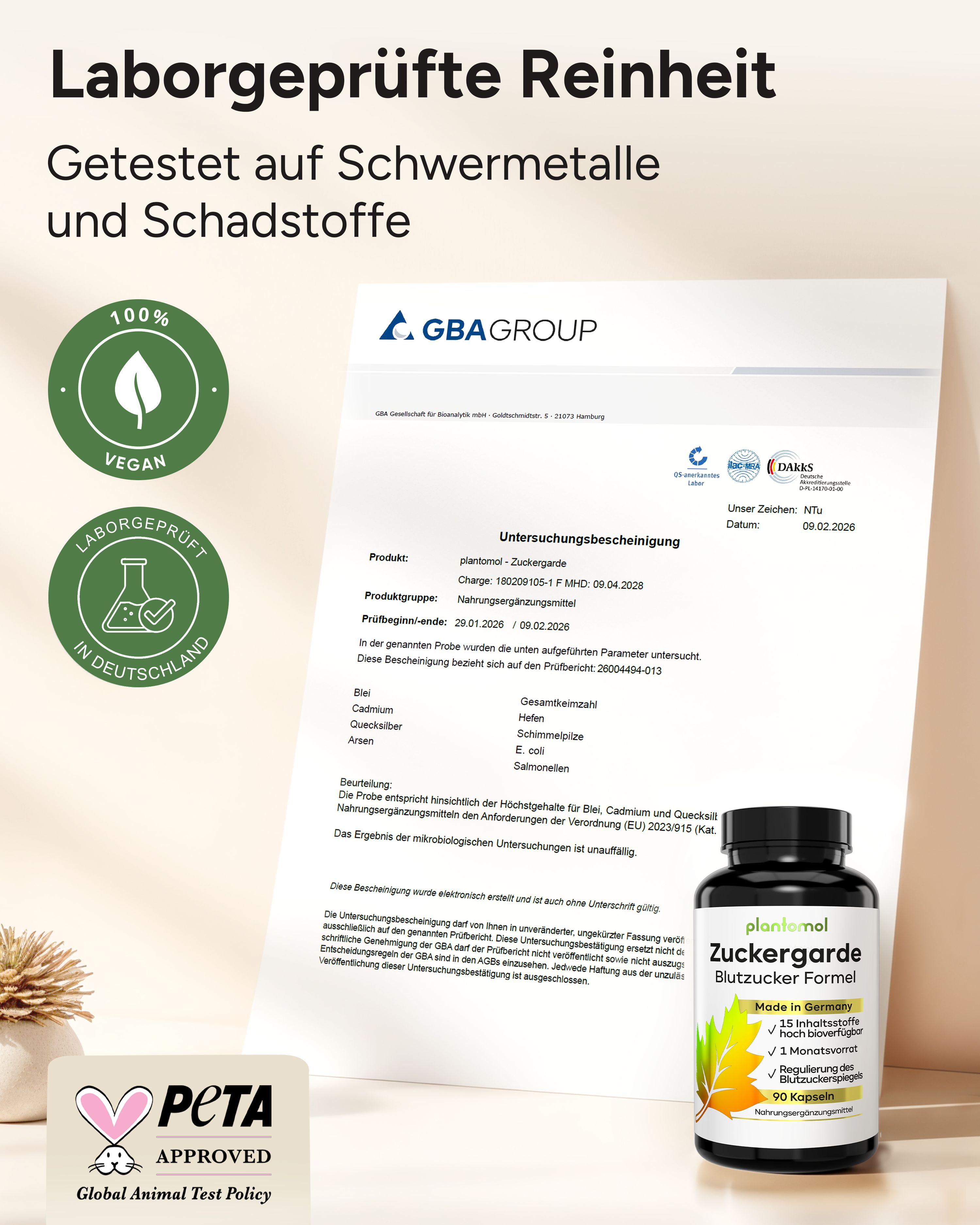 Zertifizierungsdokument mit Flasche. Text: Laborgeprüfte Reinheit. Getestet auf Schwermetalle und Schadstoffe. Vegan-Logo. PETA-Logo. GBA Group-Logo.
