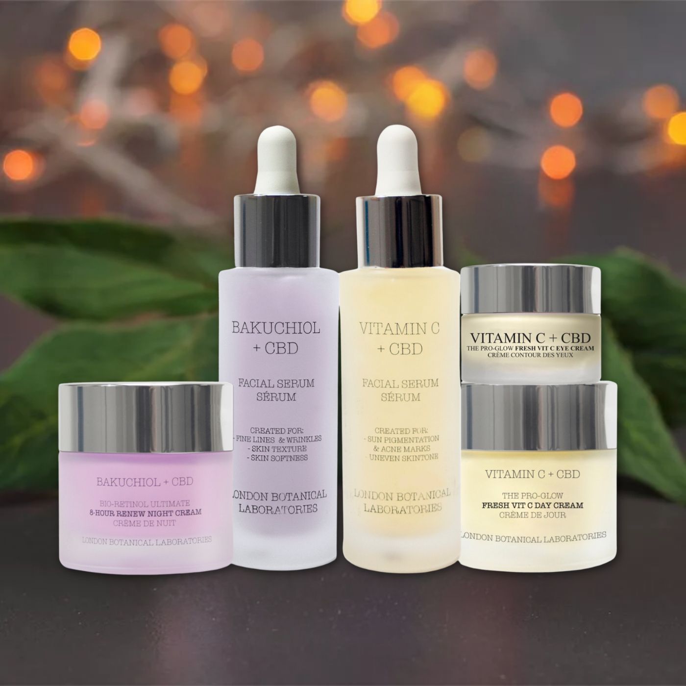 Gesichtspflegeset mit Flaschen und Tiegeln. Bakuchiol + CBD Serum und Creme, Vitamin C + CBD Serum und Creme. Silberne Deckel.