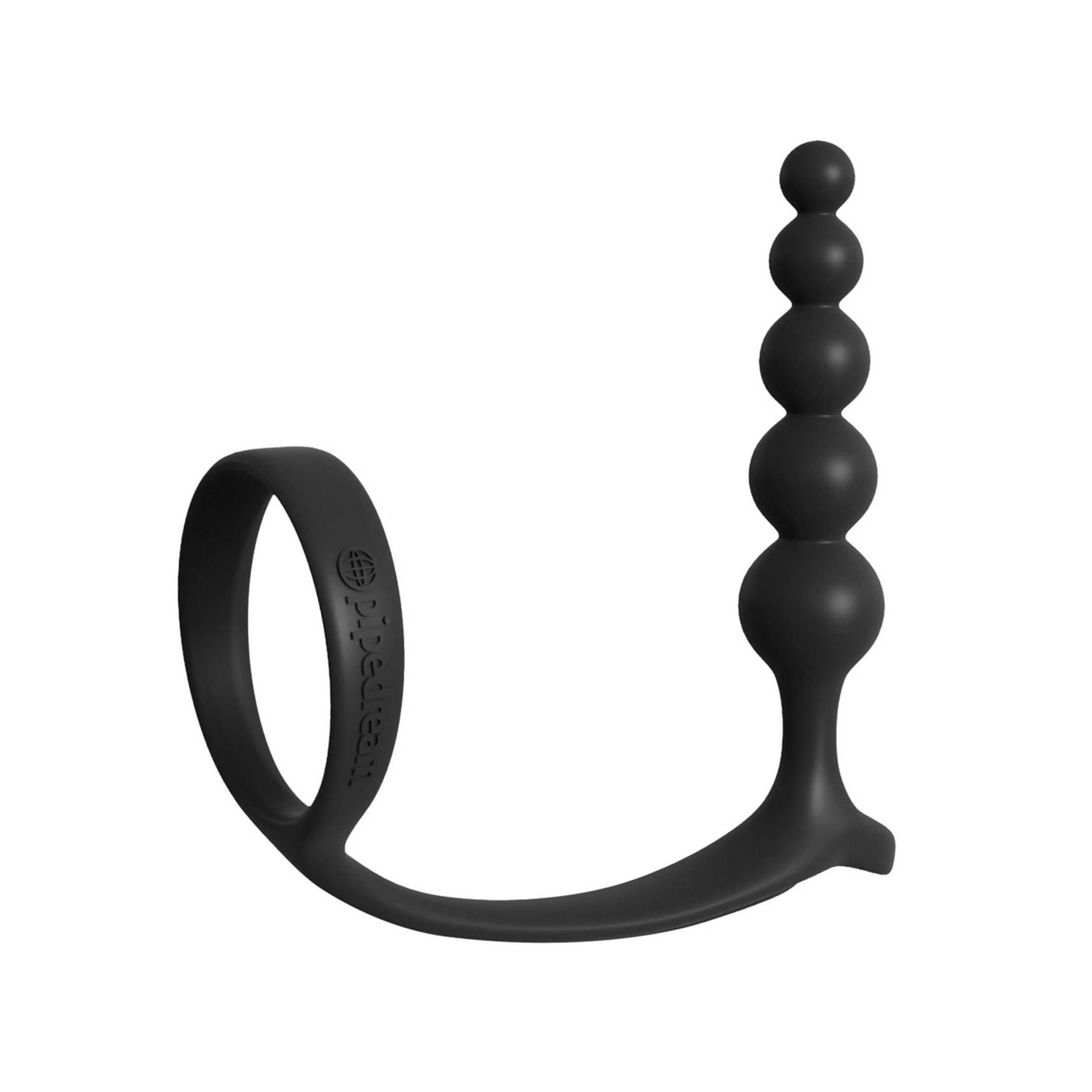 Schwarzes Analperlenspiel mit Cockring. Besteht aus einer Reihe von Kugeln unterschiedlicher Größe und einem Ring.