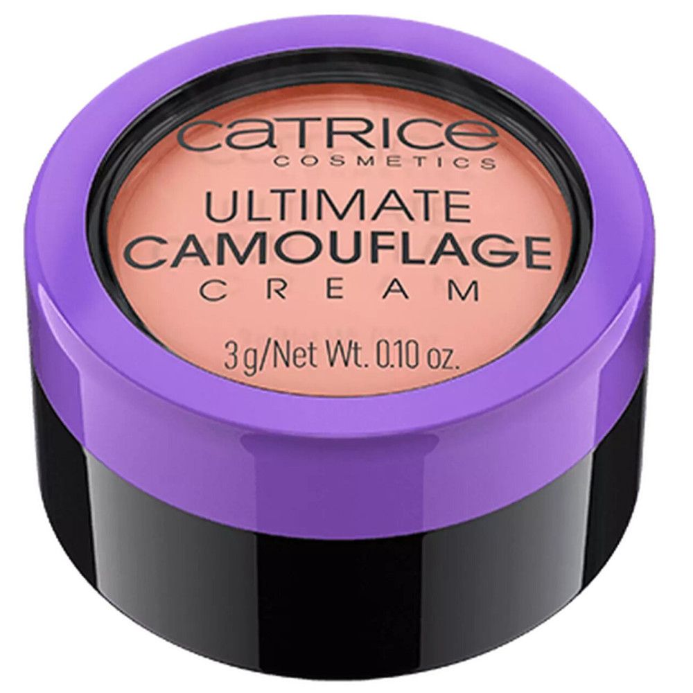 Runder, violetter Tiegel mit schwarzem Boden. Deckel mit Aufschrift: Catrice, Ultimate Camouflage Cream. Inhalt: 3g.