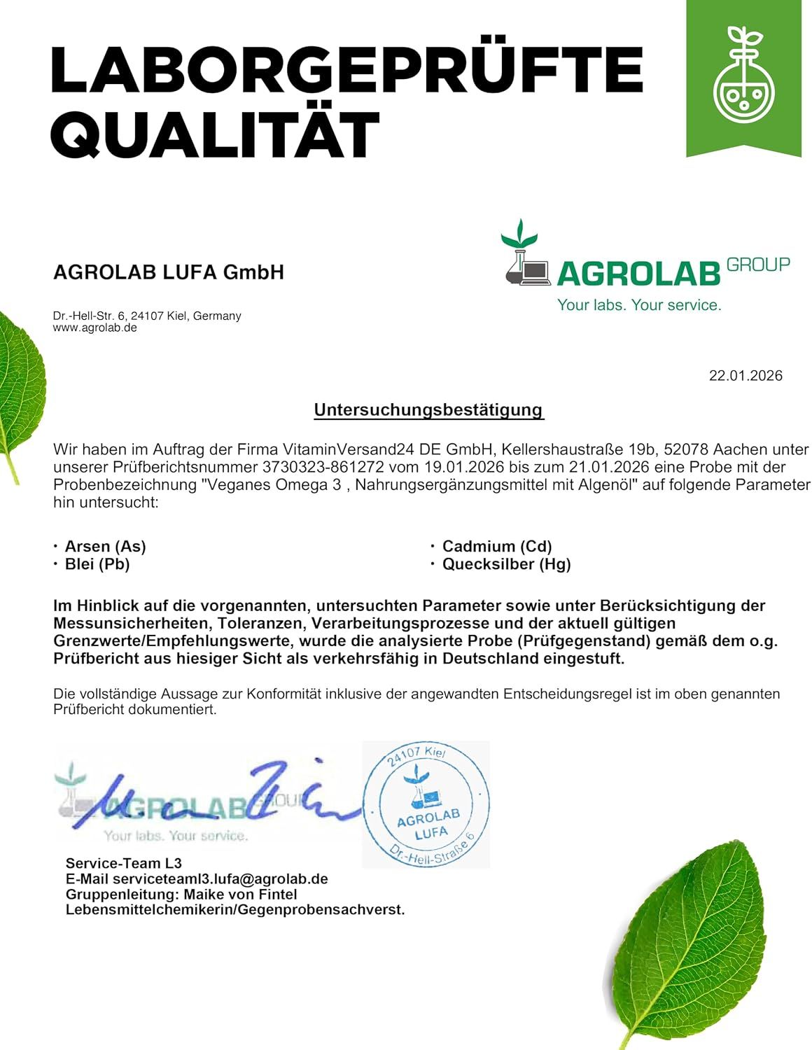 Vit4ever veganes Omega 3: Laborbericht von Agrolab GmbH.