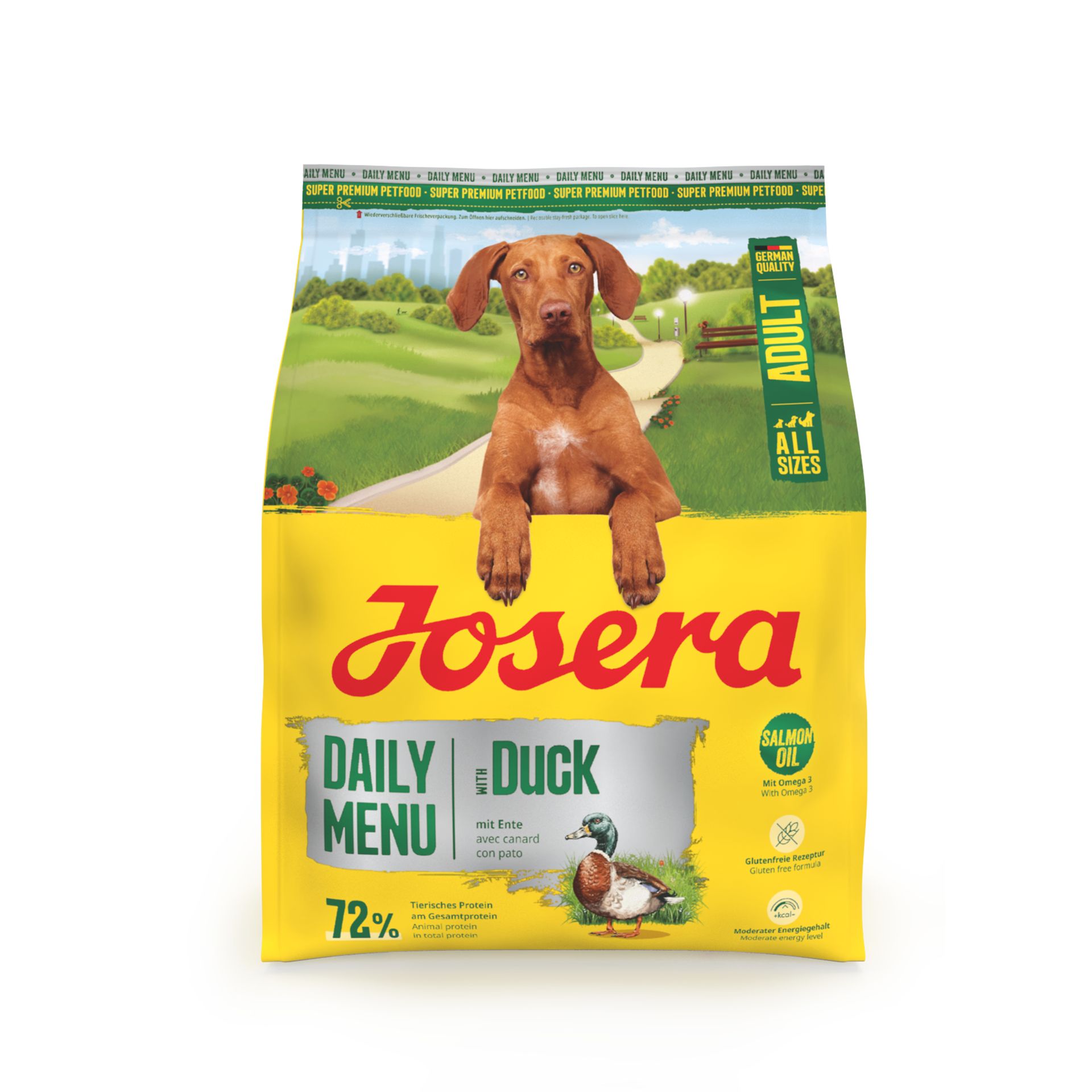 Josera Daily Menu Adult Duck Hundefutter-Sack mit Hund und Ente.