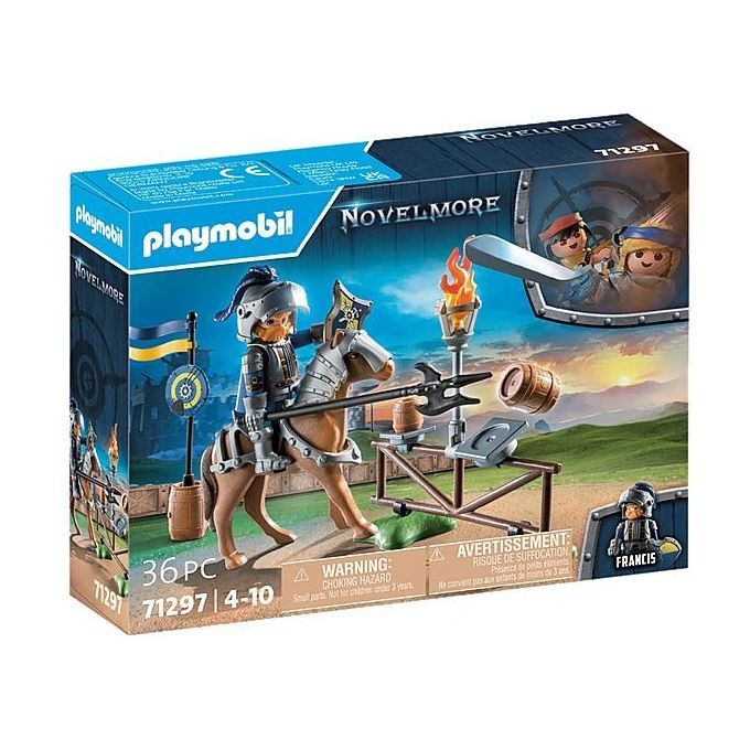 Playmobil Novelmore 71297, giocattolo con personaggio. La confezione mostra un cavaliere a cavallo circondato da accessori. Il set contiene 36 pezzi ed è adatto a bambini dai 4 ai 10 anni. Il logo Playmobil è ben visibile.