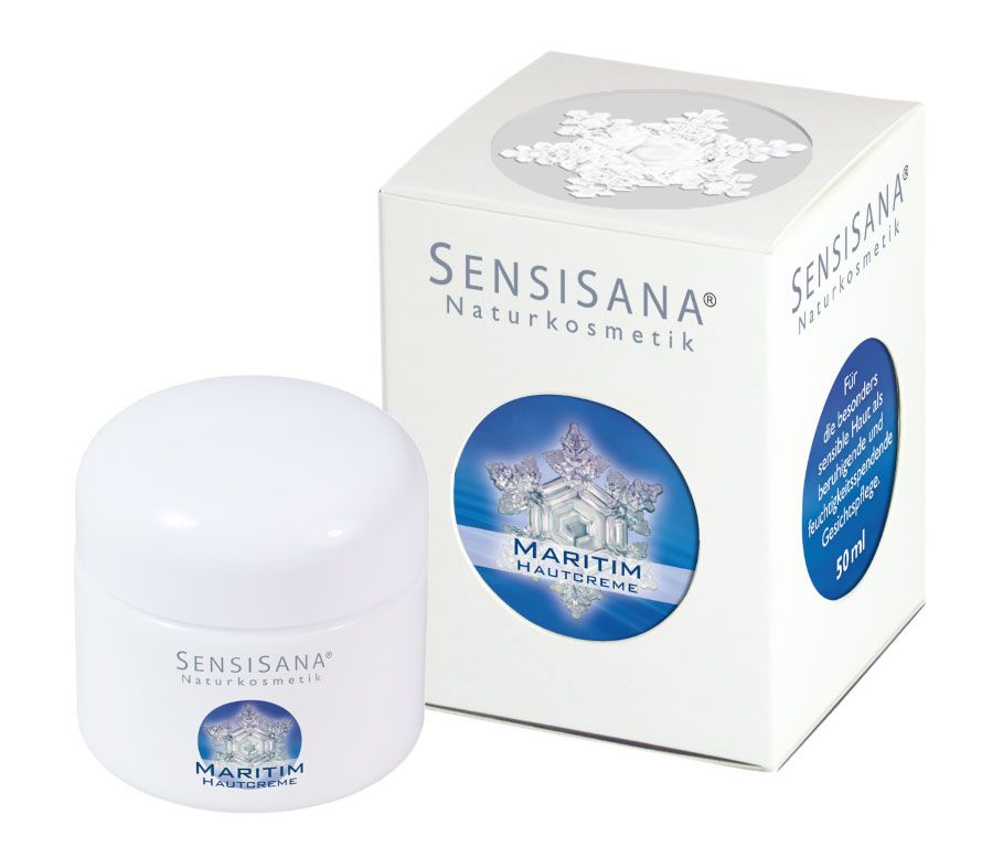 Weiße Creme-Dose und Karton mit Logo und Schriftzug "Maritim Hautcreme".