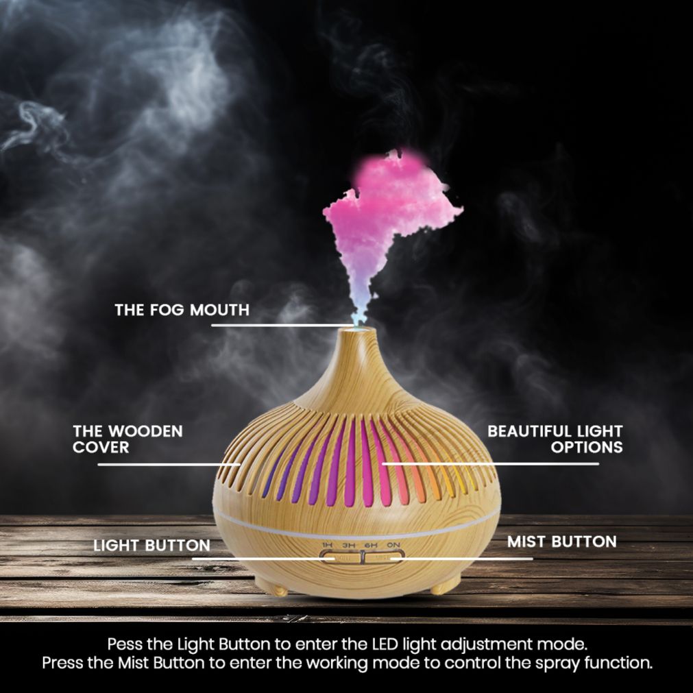 Holzfarbener Aromadiffusor mit 7 LED-Farben und Nebelaustritt.