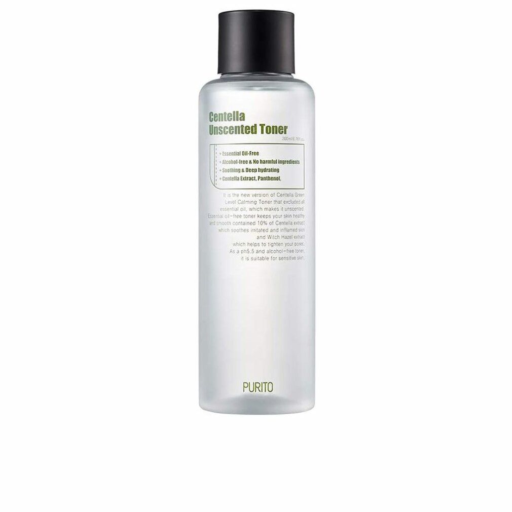 Tonerflasche mit schwarzem Deckel. Aufschrift: Centella Unscented Toner. Transparente Flasche, weißer Hintergrund.