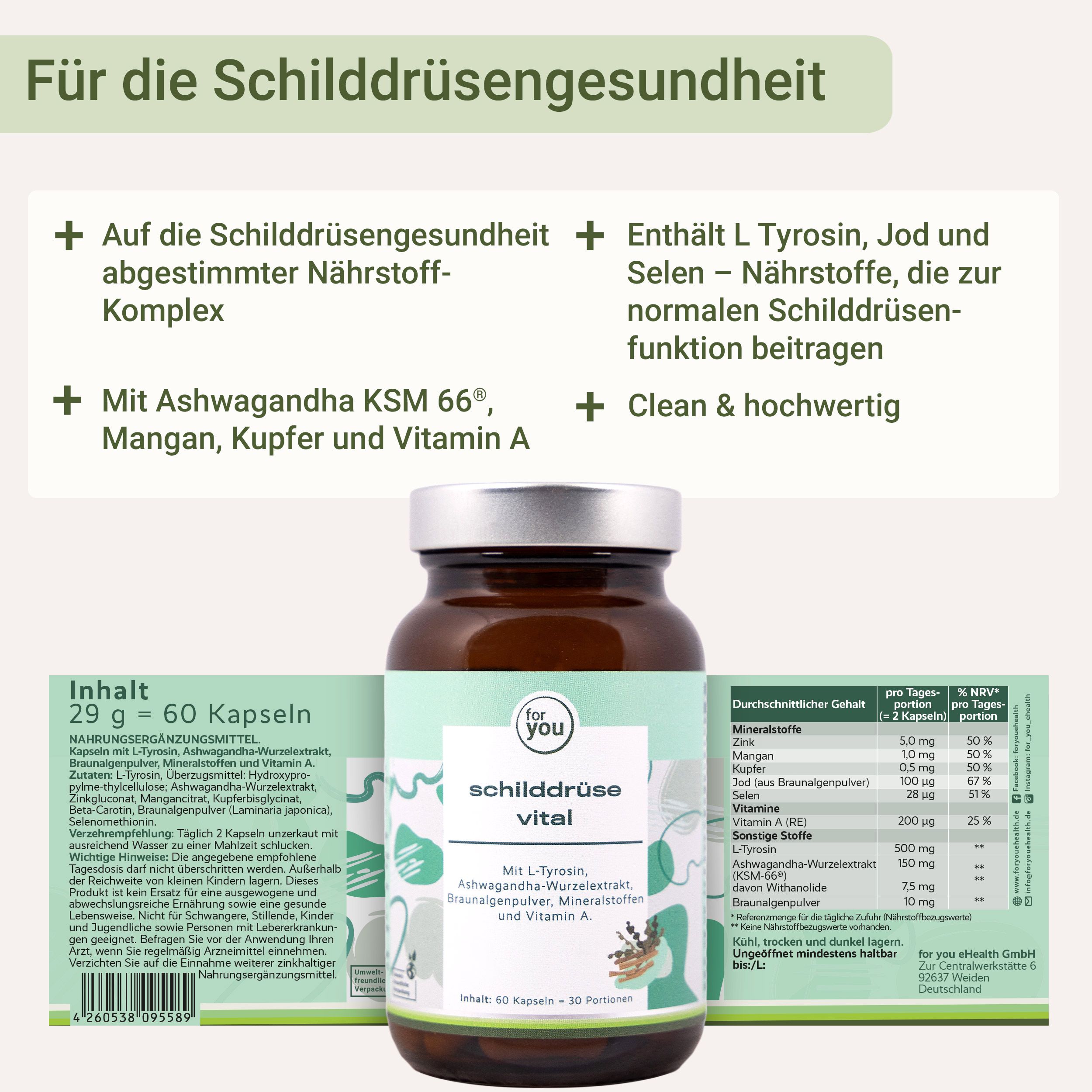 Flasche Schilddrüse Vital mit detaillierten Informationen und Nährwertangaben auf der Rückseite.
