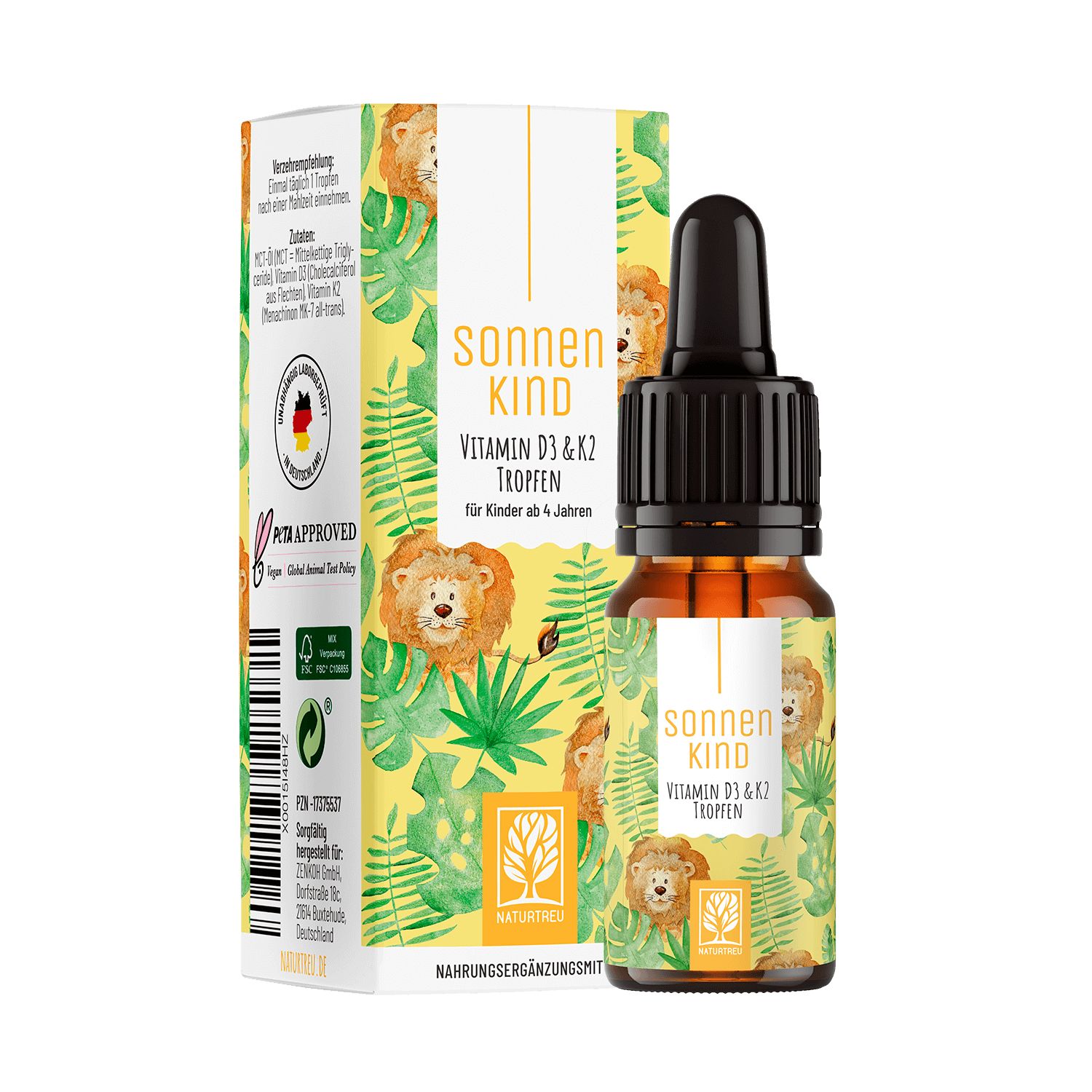 Vitamin D3 & K2 Tropfen für Kinder ab 4 - 500 IE D aus Flechten Sonnenkind Naturtreu® 10 ml