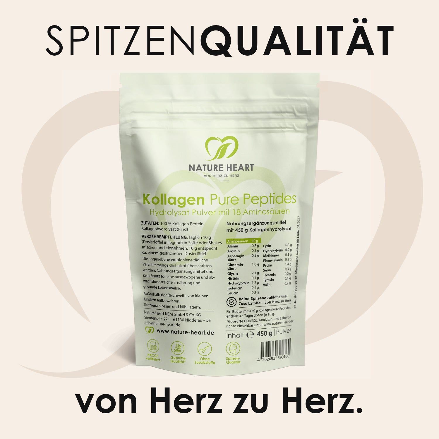 Produktverpackung von Nature Heart Kollagen Pure Peptides. Text: Kollagen, Pure Peptides, 450 g Inhalt, Nährwerttabelle, von Herz zu Herz, Spitzenqualität.