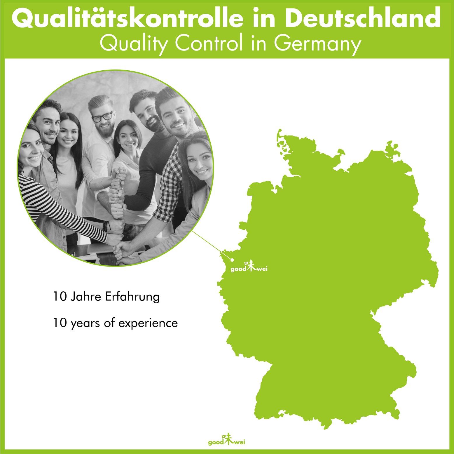 Eine Gruppe von Menschen steht zusammen und zeigt Daumen hoch. Eine Karte Deutschlands mit Markierung des Standorts.