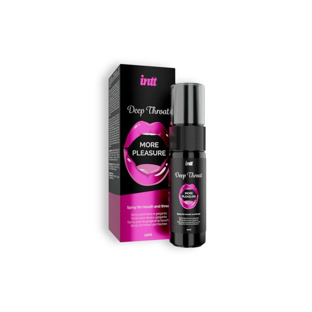 Produktflasche und Verpackung. Aufschrift: intt Deep Throat, More Pleasure. Für Mund und Rachen. 12ml.