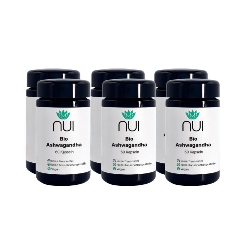 Sechs Flaschen NUI Bio-Ashwagandha. Schwarze Deckel, weiße Etiketten mit Logo und Produktinformationen. 60 Kapseln pro Flasche.