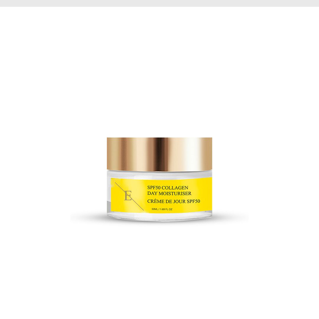 Glas mit Tagescreme. Aufschrift: SPF50 Kollagen Tagescreme. Goldfarbener Deckel.
