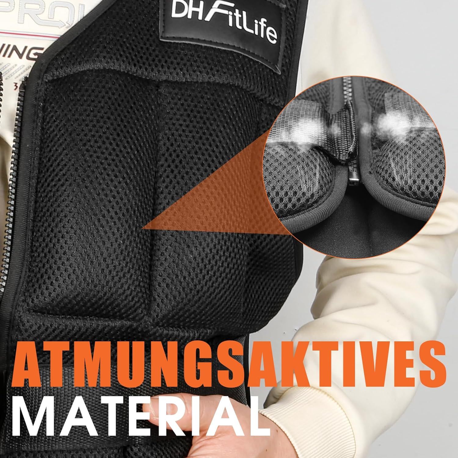 Nahaufnahme der Gewichtsweste. Atmungsaktives Material. Reißverschlussdetail.