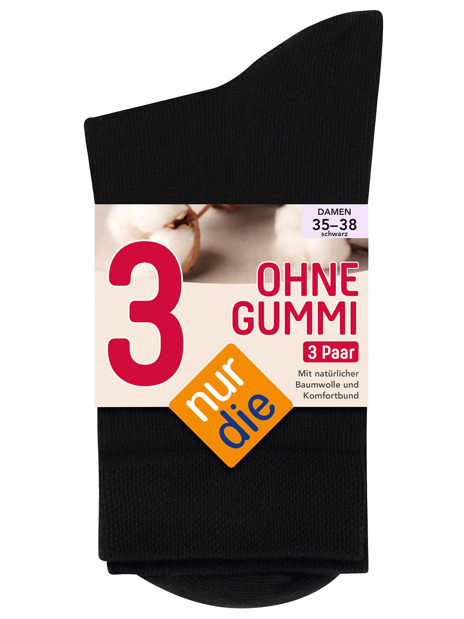 NUR DIE Socken Ohne Gummi 3er Pack - schwarz - 35-38