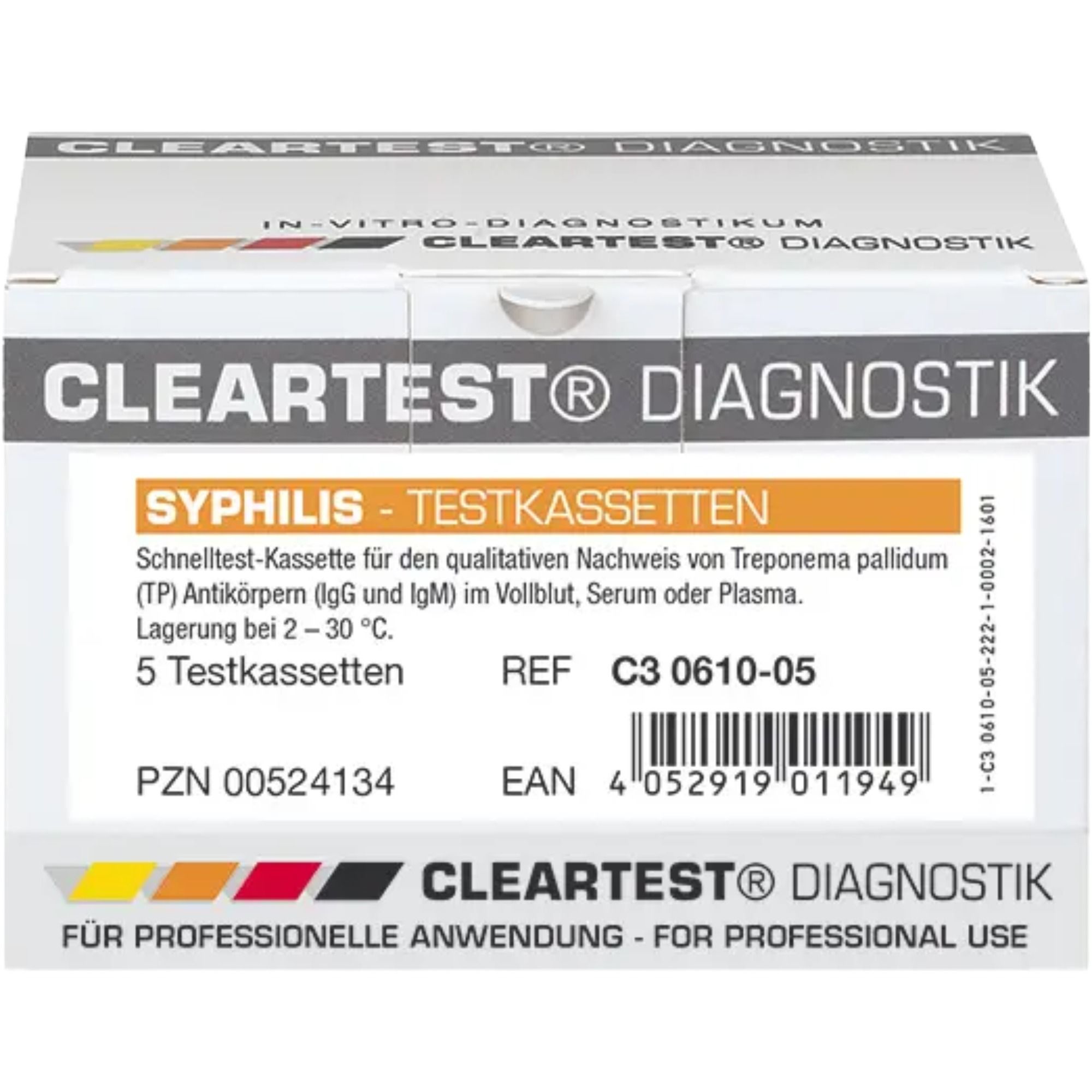 Verpackung des Cleartest Syphilis Schnelltests für 5 Testkassetten.