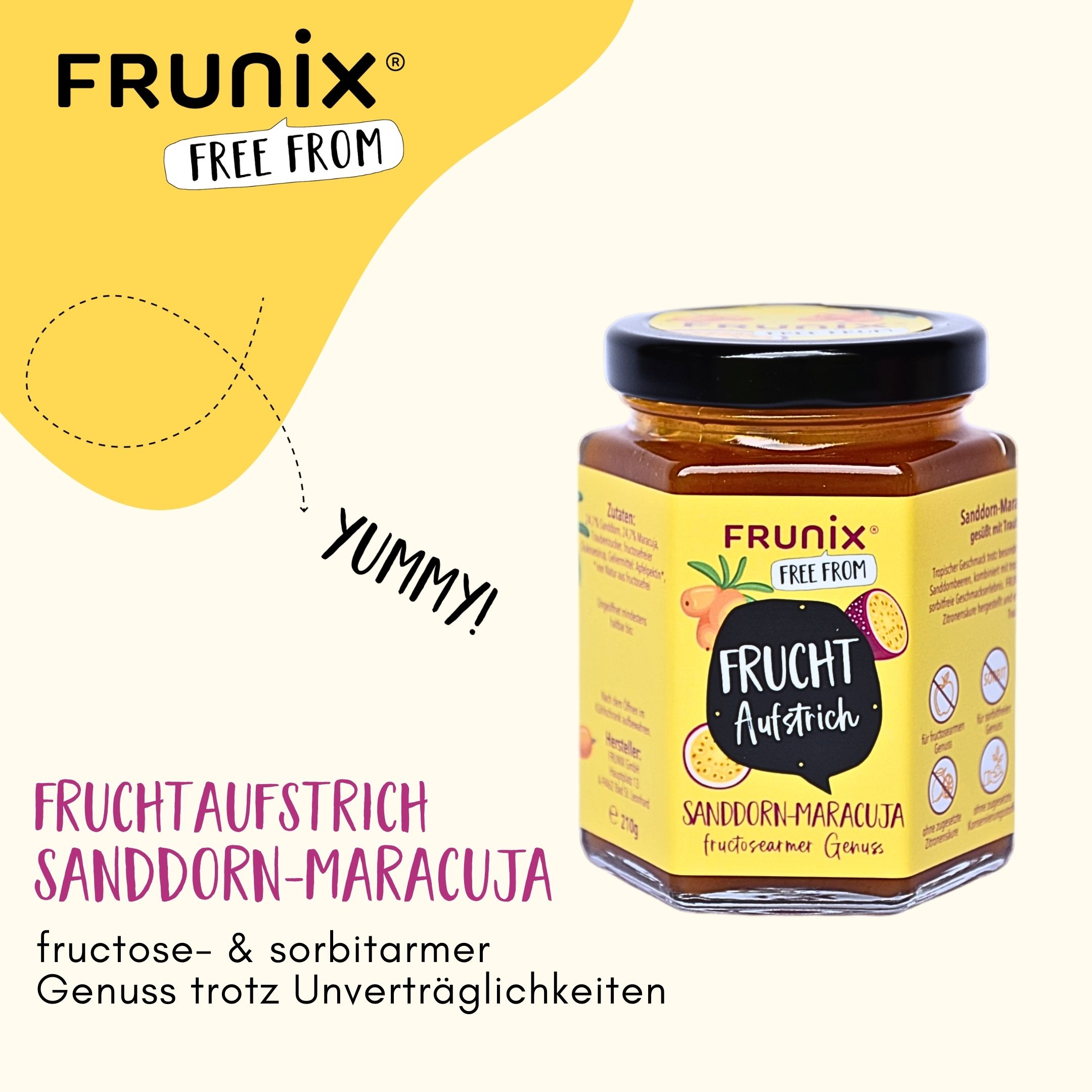 Glas FRUNIX® Fruchtaufstrich, Sanddorn-Maracuja. Gelbes Etikett, schwarzer Deckel. Aufschrift: fructose- & sorbitarm.
