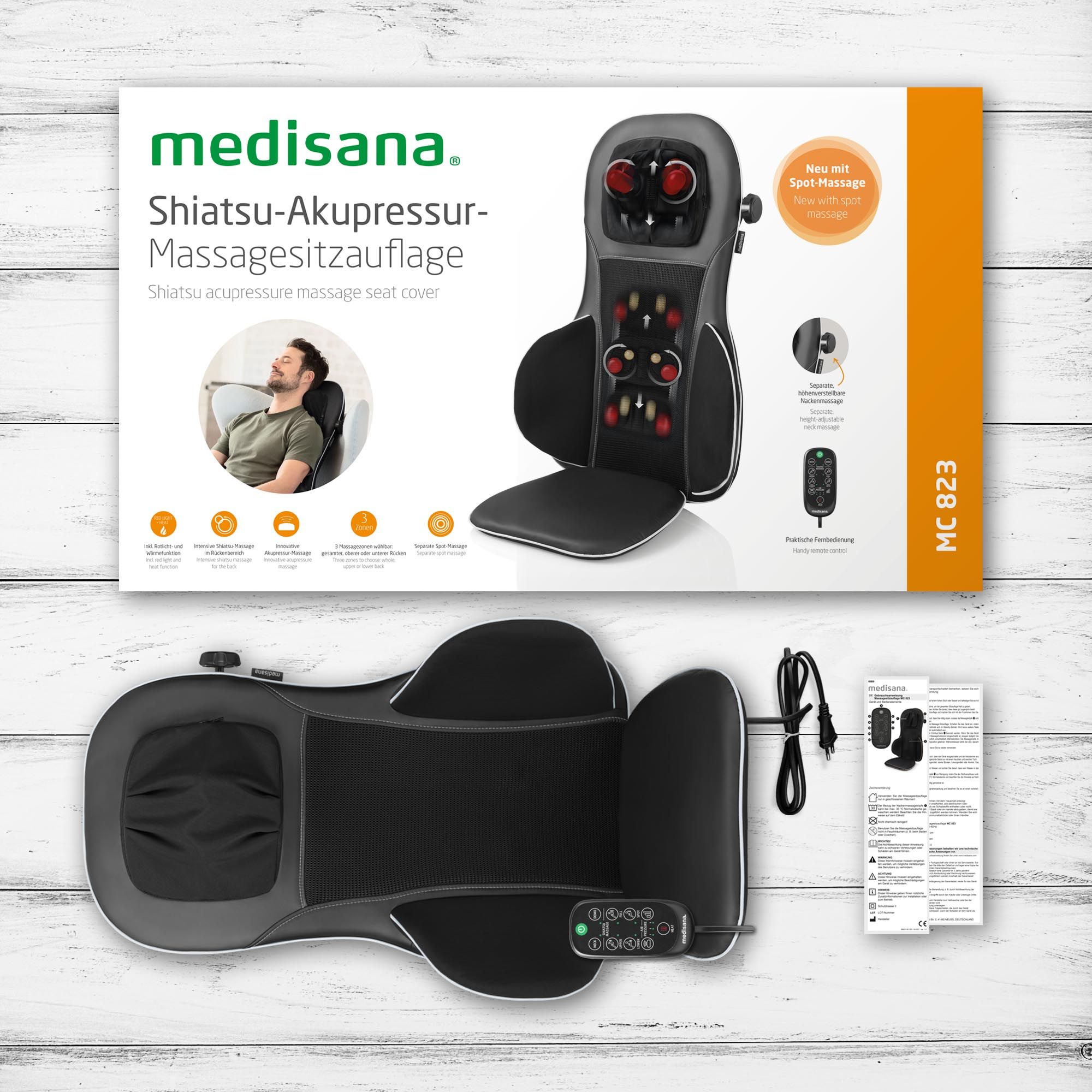 Verpackung und Zubehör der medisana Shiatsu-Akupressur-Massagesitzauflage MC 823.