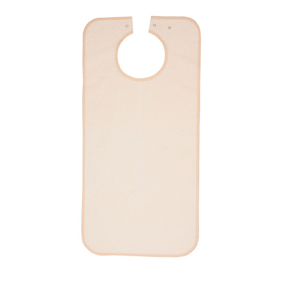 Frottee-Schürze mit Druckknopfverschluss. Beige. Rechteckig mit rundem Halsausschnitt und Druckknöpfen.