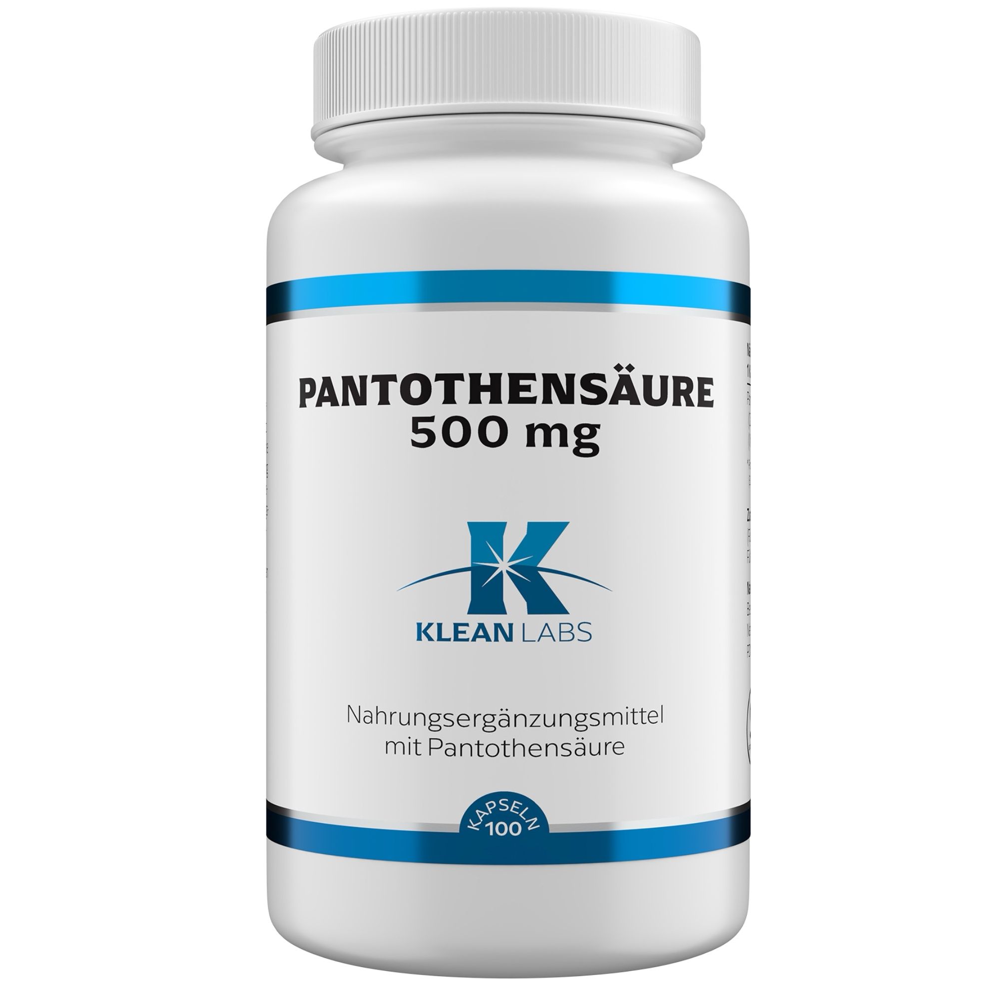 Weiße Kapsel mit blauem Etikett: Pantothensäure 500 mg, Klean Labs, 100 Kapseln.