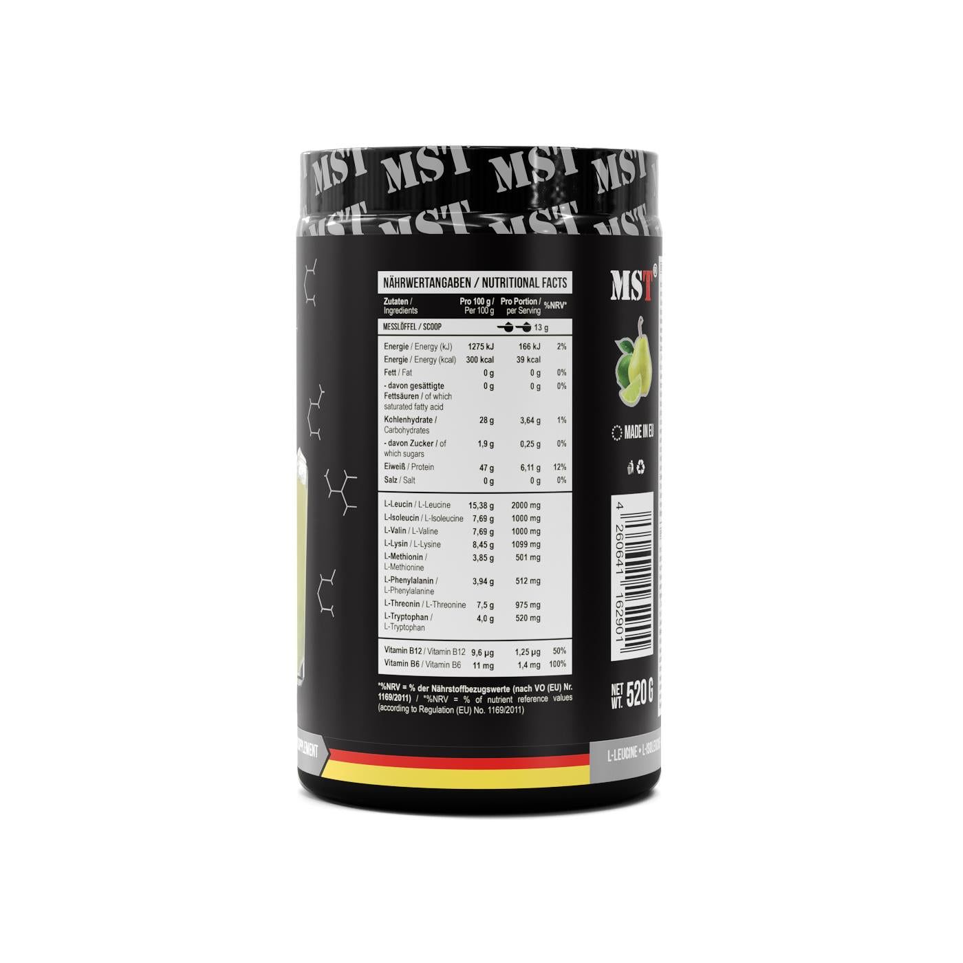 Schwarzer Behälter mit Nährwertangaben und Aminosäureprofil für MST BCAA & EAA, 520g.