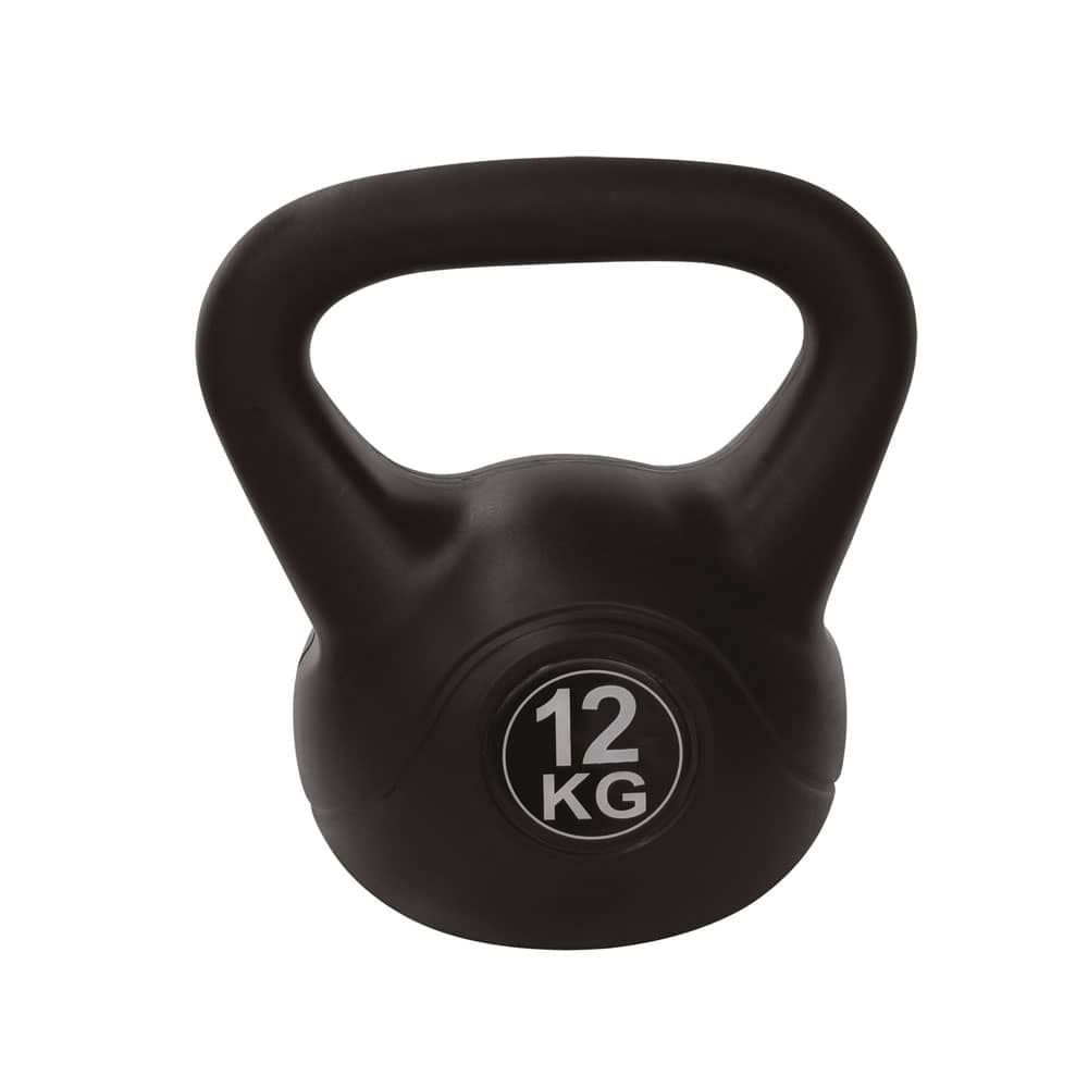 Schwarze Kettlebell mit Henkel. Auf der Vorderseite steht "12 KG" in einem weißen Kreis.