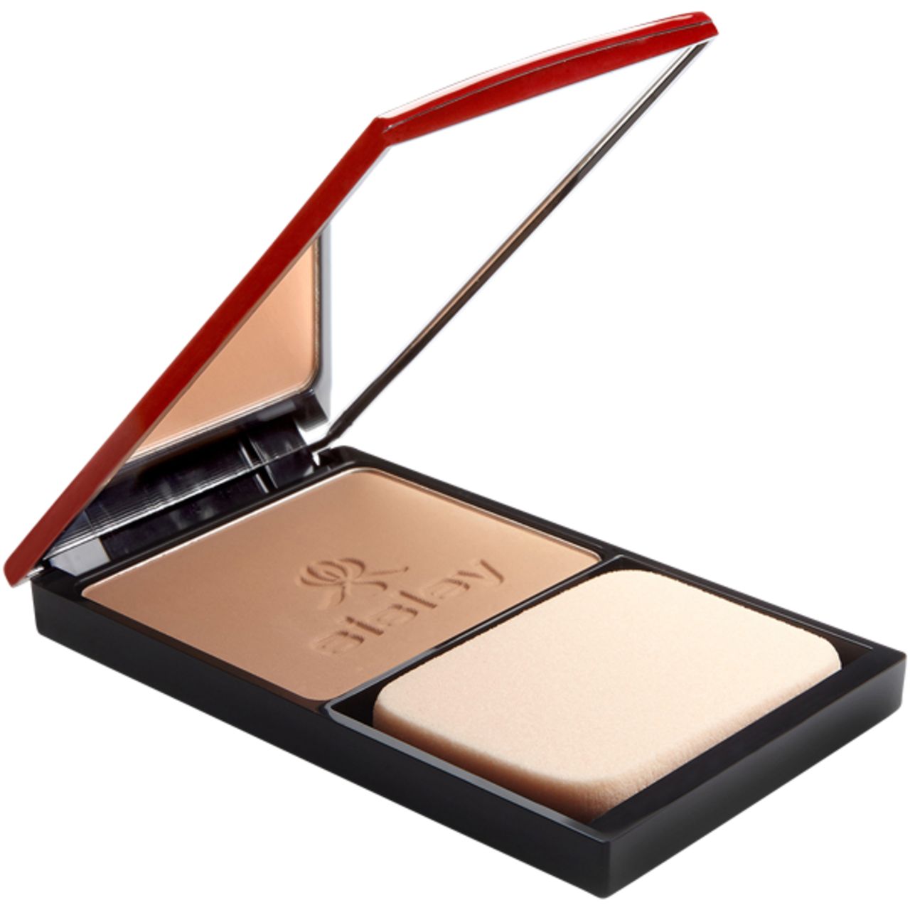 Kompakt-Make-up, geöffnet. Puder, Spiegel und Applikator. Roter Rahmen.