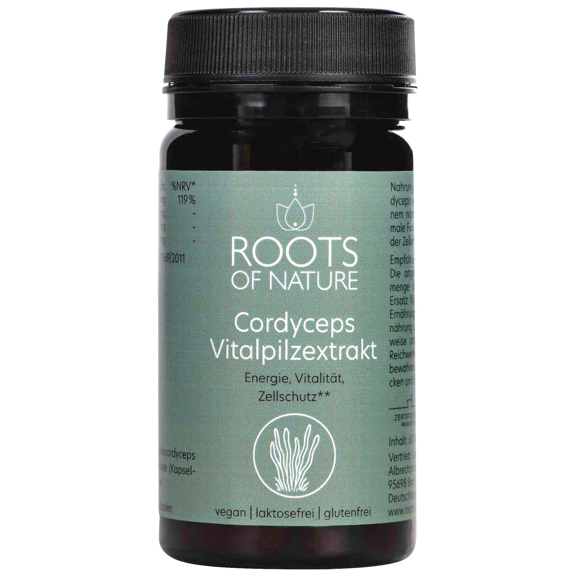 Braune Flasche mit schwarzem Deckel. Grünes Etikett mit Text: ROOTS OF NATURE, Cordyceps Vitalpilzextrakt. Vegan, laktosefrei, glutenfrei.