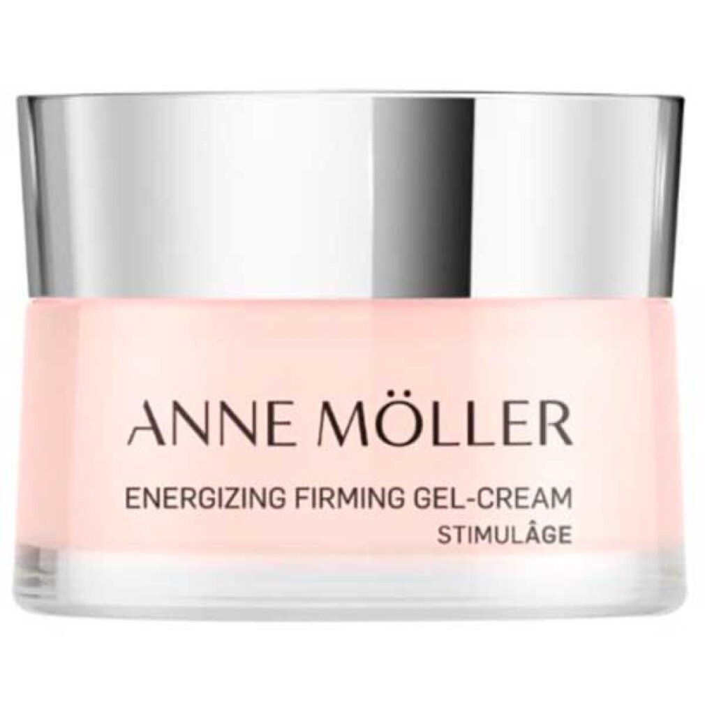 Creme-Glas mit silbernem Deckel. Aufschrift: ANNE MÖLLER, Energizing Firming Gel-Cream, Stimulâge. Rosa Creme sichtbar.