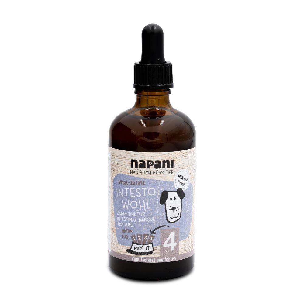 Braune Glasflasche mit schwarzem Tropfer. Etikett mit Produktnamen, Hund-Illustration und Mix-Anleitung. Marke: napani.
