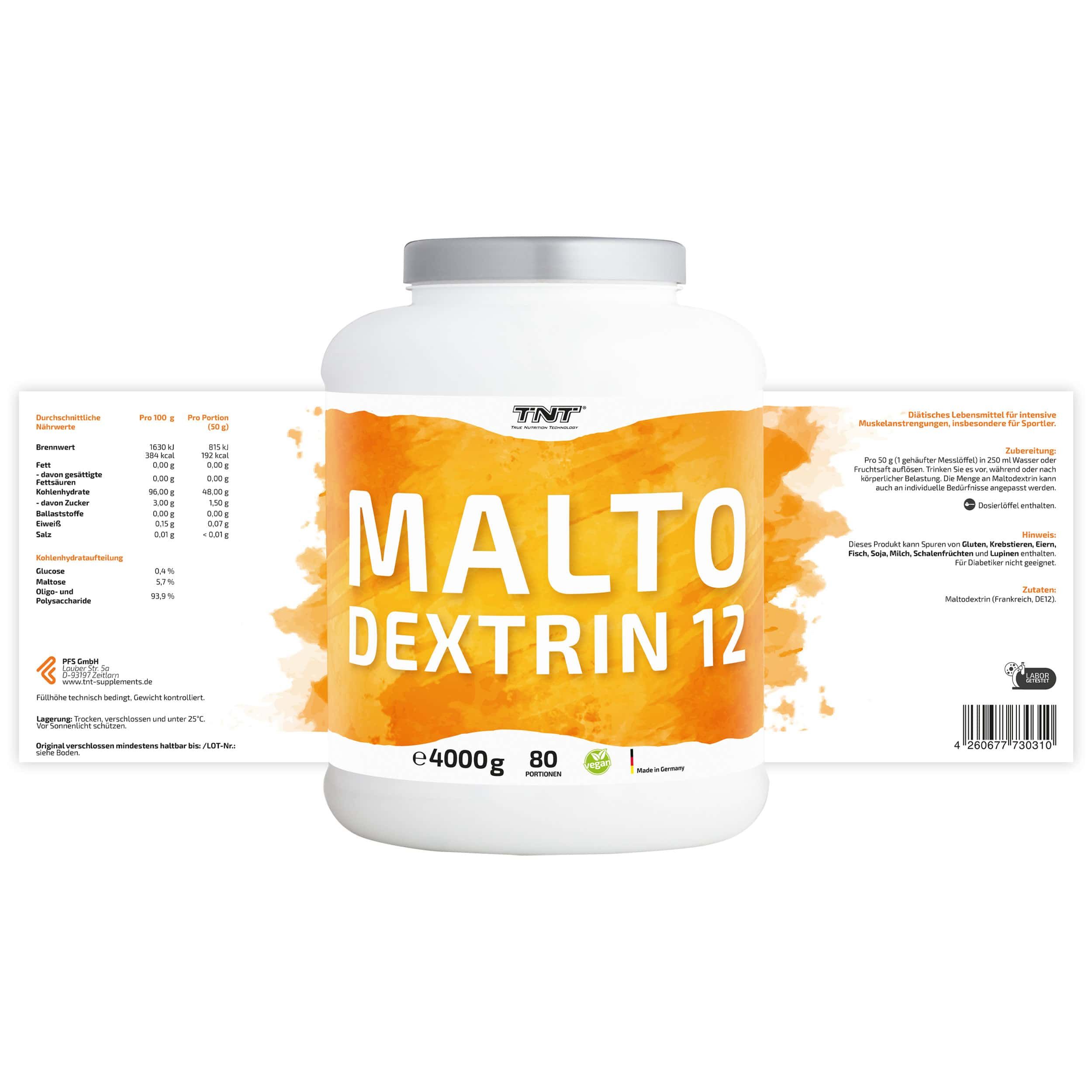 Produkt in Dose mit Etikett. Aufschrift: MALTO DEXTRIN 12, e4000g, 80 Portionen. Nährwerttabelle. Logo: TNT.