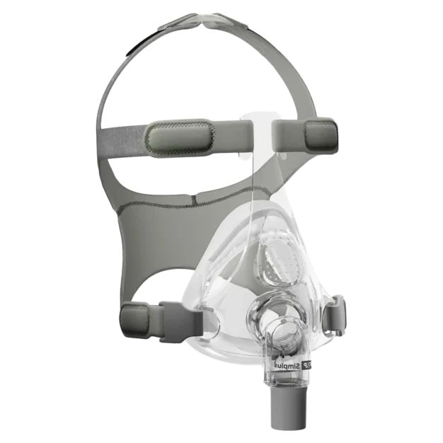 CPAP-Maske mit Kopfteil und transparentem Kissenteil.
