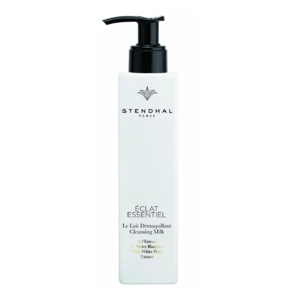 Weiße Flasche mit schwarzem Pumpkopf. Aufschrift: Stendhal Paris, Éclat Essentiel, Cleansing Milk.