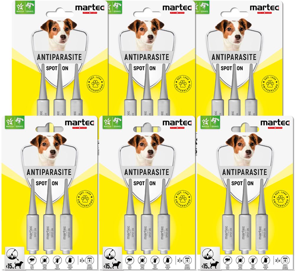 Sechs Blisterpackungen mit Spot-On-Präparaten für Hunde. Jede Packung enthält drei Pipetten. Aufdruck: Antiparasit, martec.