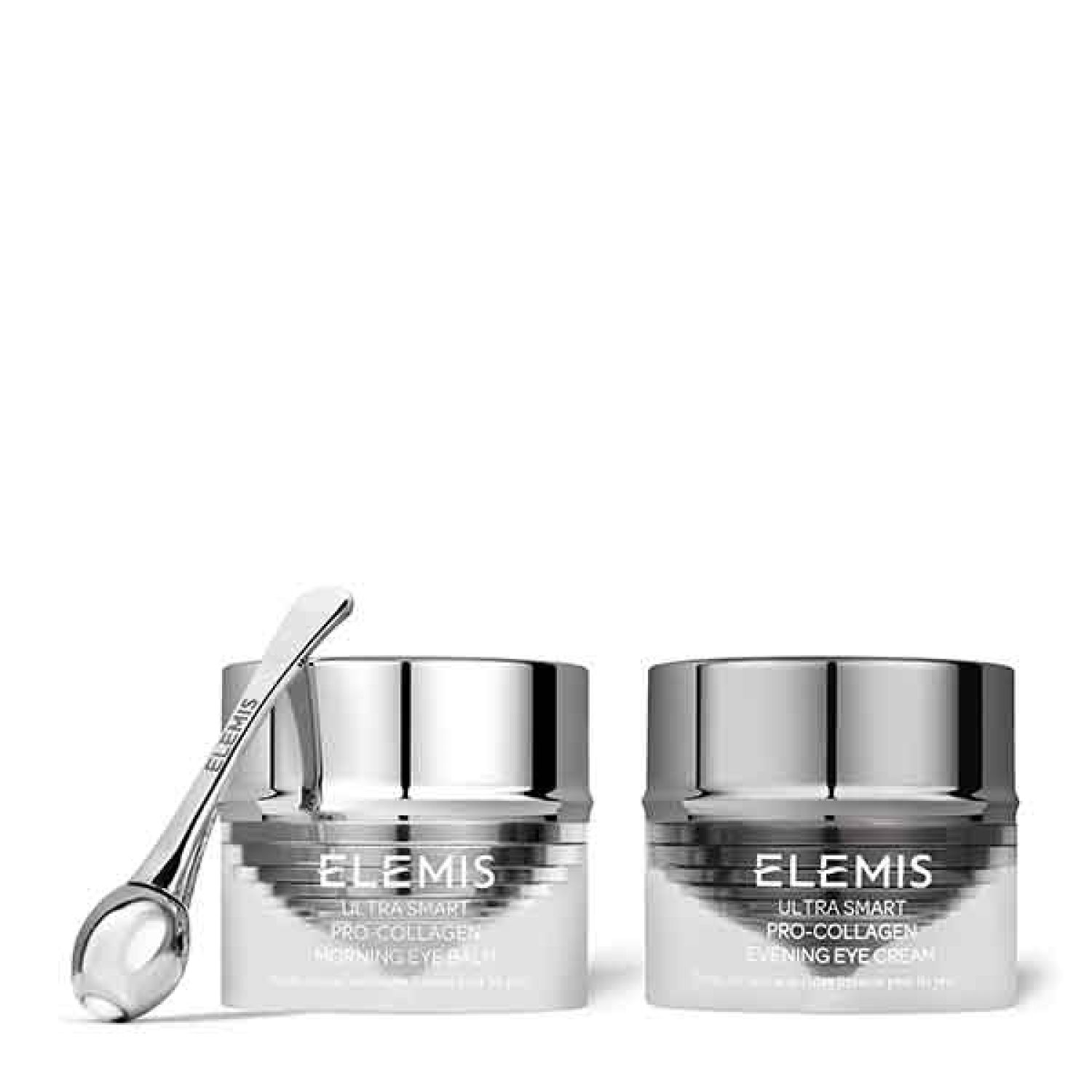 Zwei Cremetiegel mit silbernen Deckeln und einem Applikator. Auf den Tiegeln steht "ELEMIS" und "ULTRA SMART PRO-COLLAGEN".