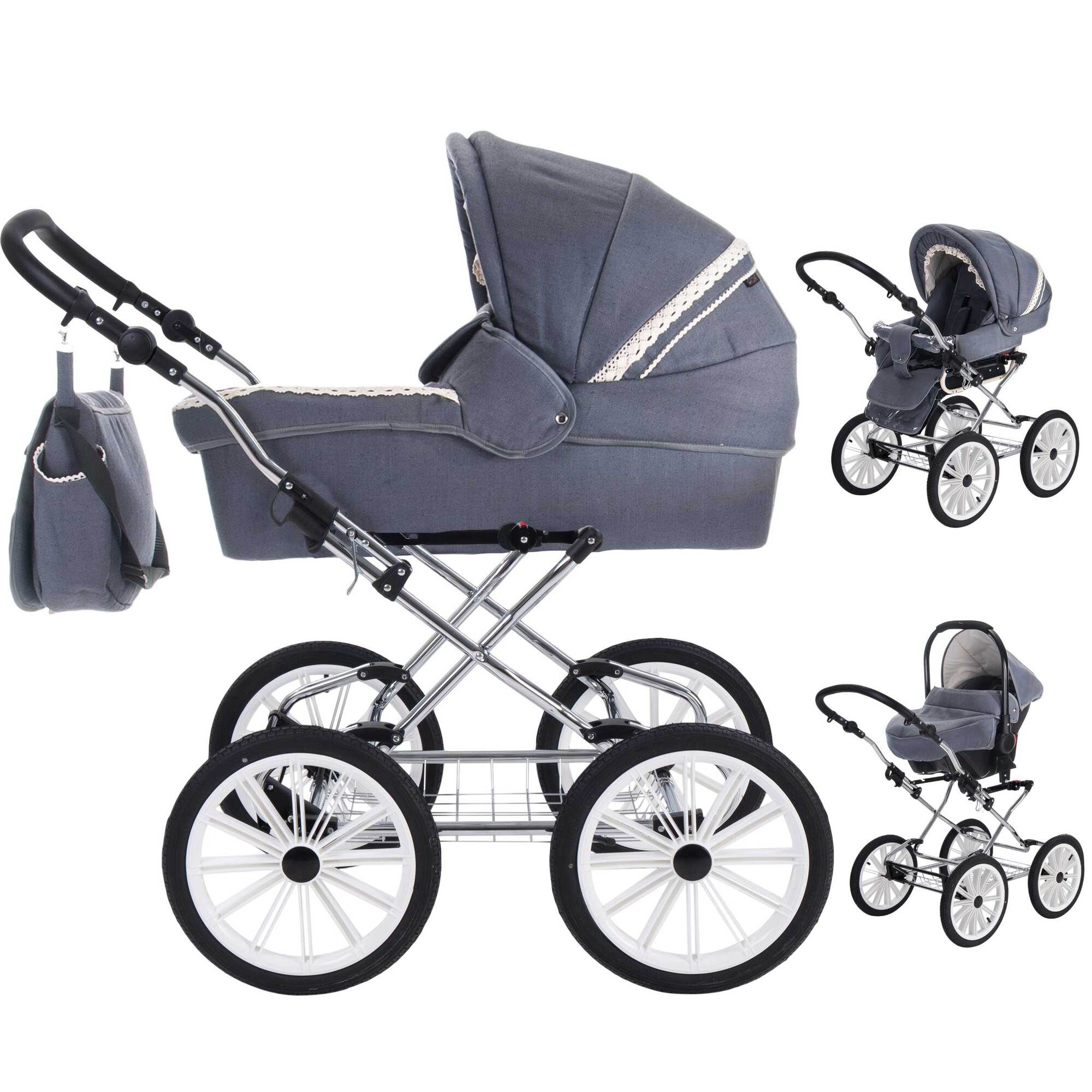 Kinderwagen, grau mit weißem Dekor, 4 Räder, Tragetasche und Zubehör. Mehrere Ansichten.