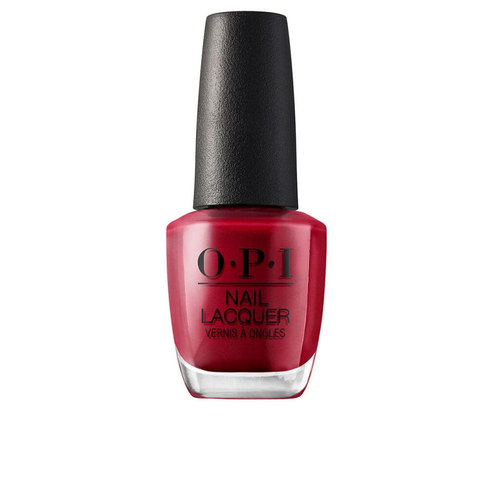 Rote Nagellackflasche mit schwarzem Deckel. OPI Nail Lacquer Schriftzug. Volumenangabe nicht sichtbar.