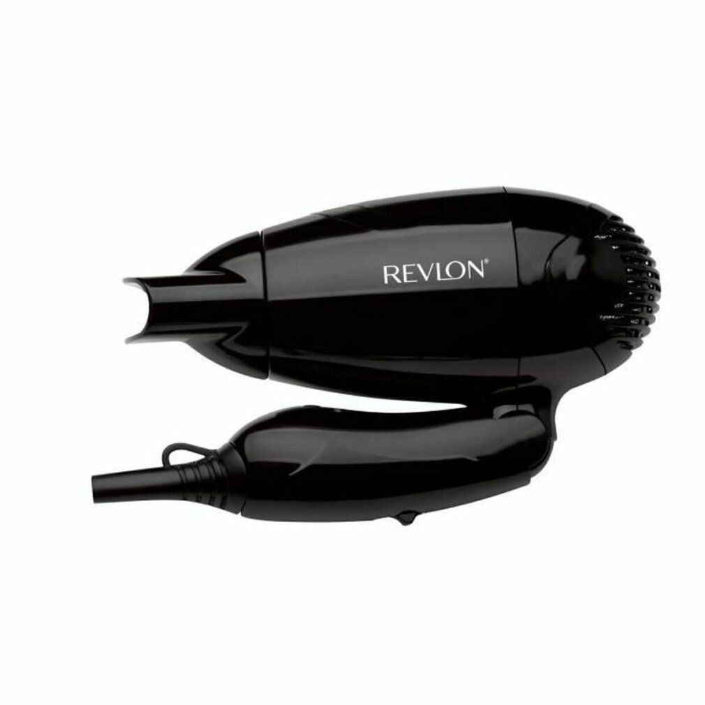 Schwarzer Haartrockner mit REVLON-Logo. Gefalteter Griff. Auf weißem Hintergrund.