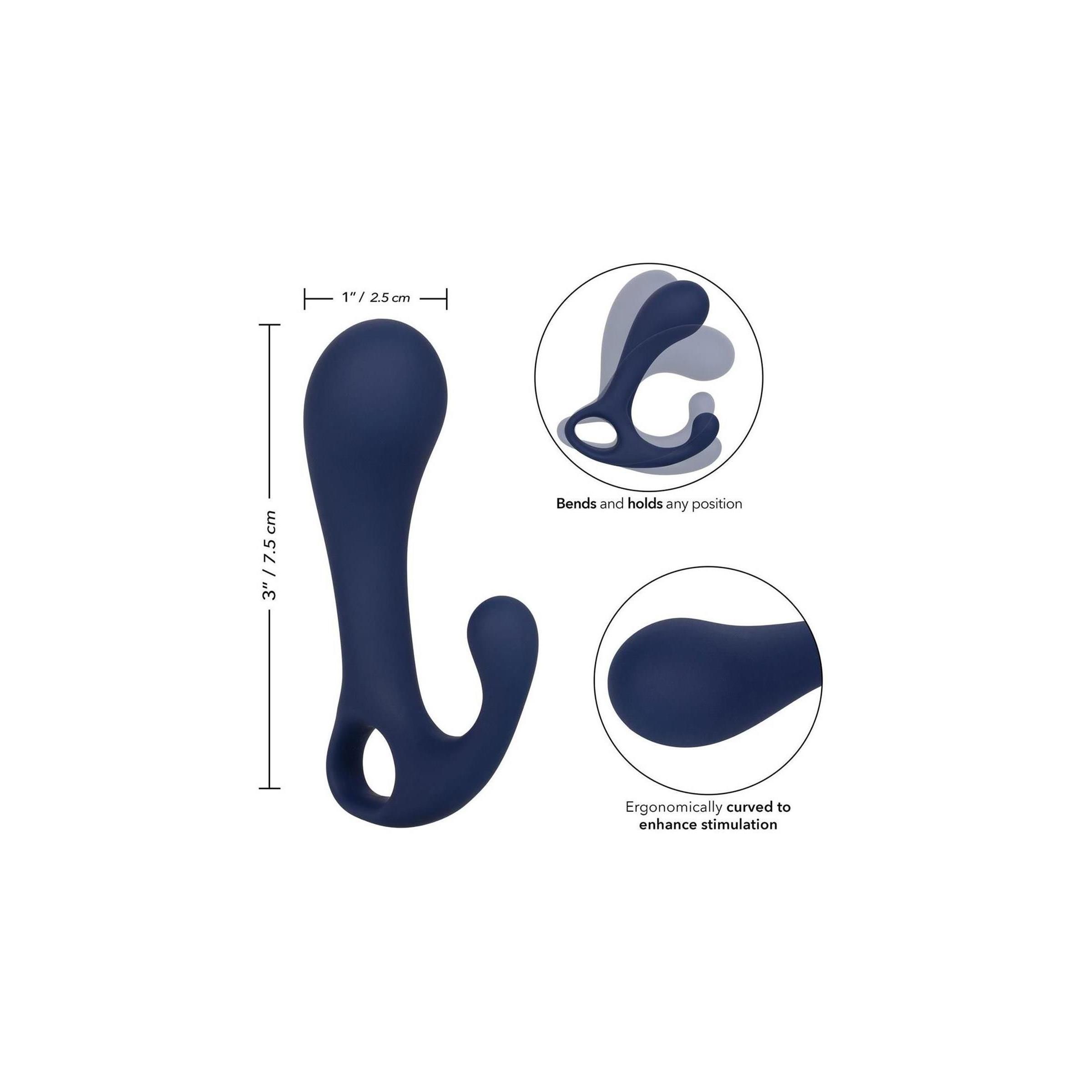 Dunkelblaue, ergonomisch geformte Silikon-Probe. Maße: 3"/7,5 cm hoch, 1"/2,5 cm breit. Abbildungen: Biegt und hält jede Position.