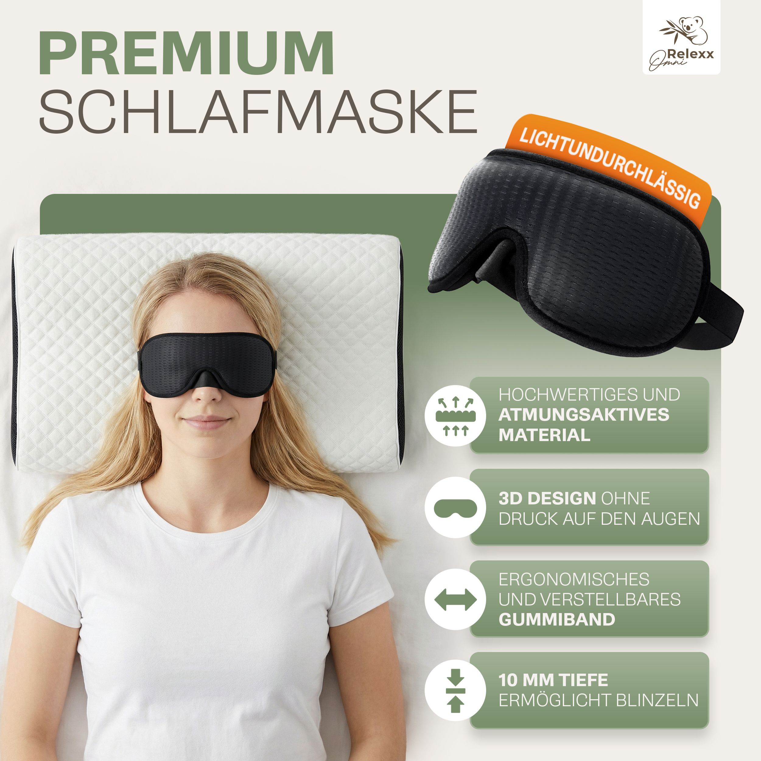 Frau mit Schlafmaske auf Kissen. Merkmale: atmungsaktives Material, 3D-Design, verstellbares Gummiband, 10 mm Tiefe. Text: Premium Schlafmaske.