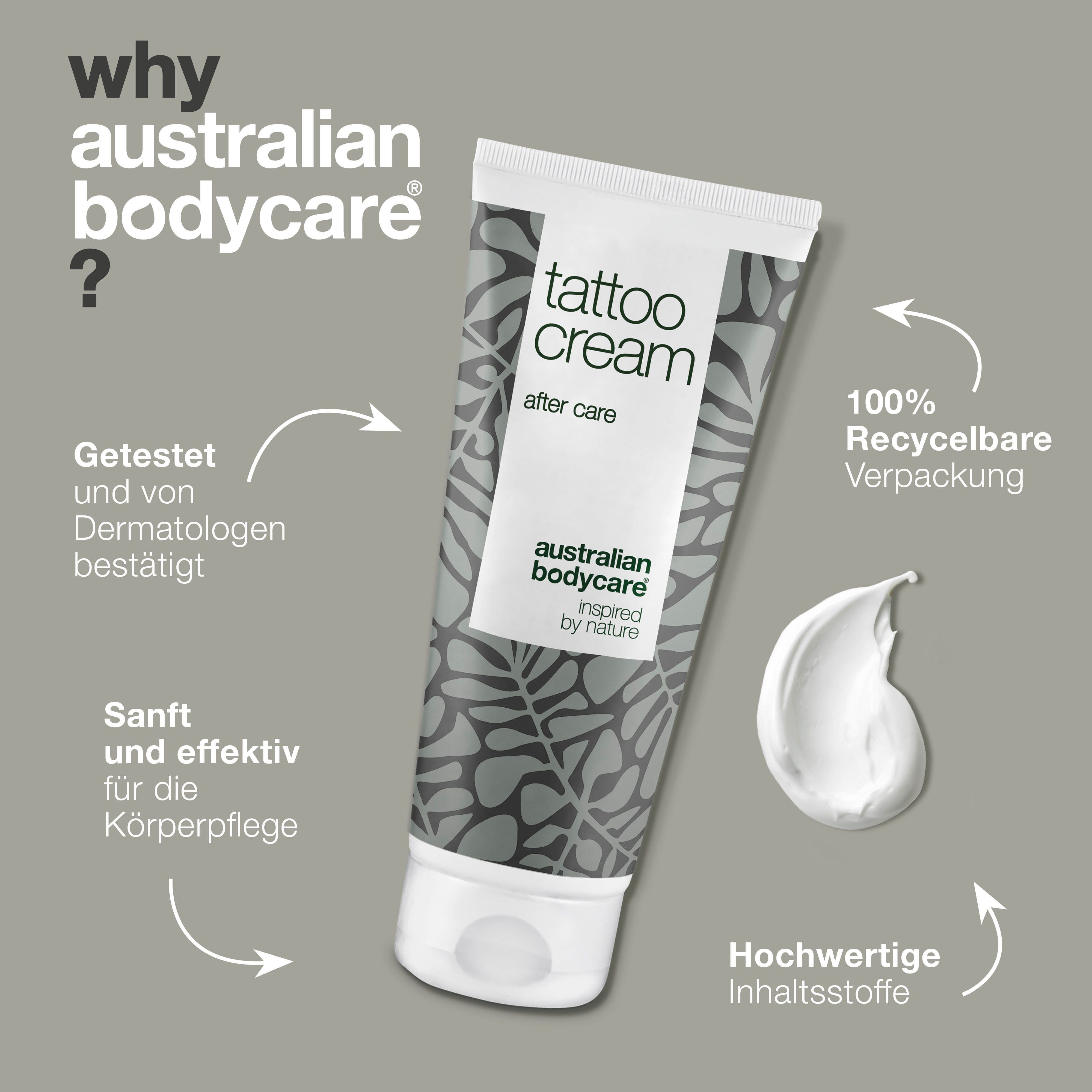 Tubenverpackung mit australian bodycare Tattoo Cream After Care und einer Probe der Creme.