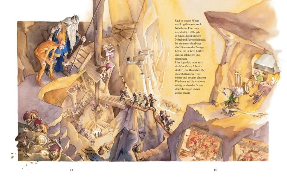Buchillustration aus "Das Rheingold". Szene mit Figuren, Brücken und Höhlen. Text in deutscher Sprache.