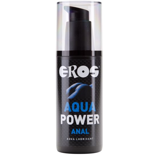 Schwarze Flasche mit Pumpe. Aufschrift: EROS, AQUA POWER, ANAL. Aqua Lubricant.