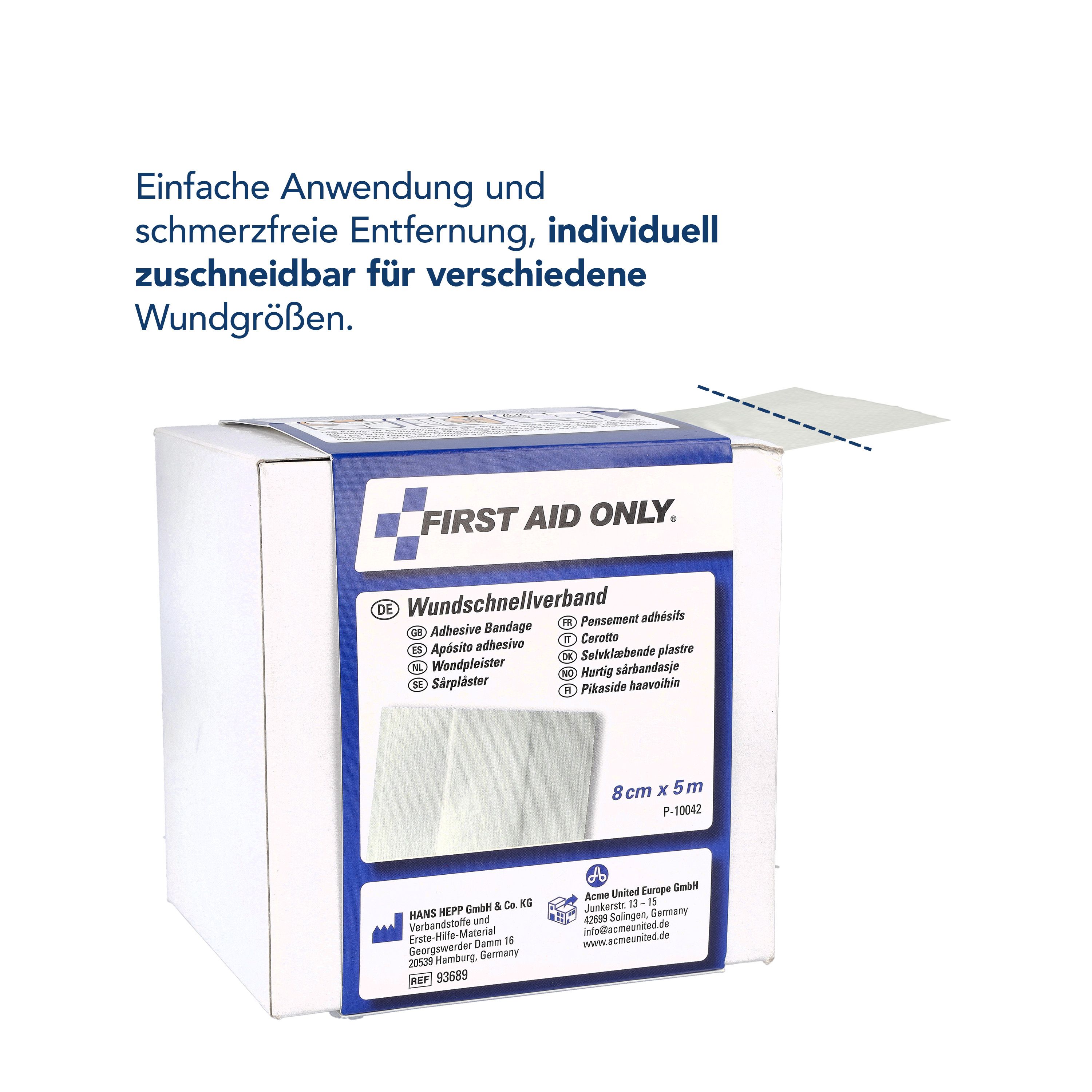 Karton mit Logo und Produktinformationen. Text: Wundschnellverband, 8cm x 5m. Aufschrift: First Aid Only.